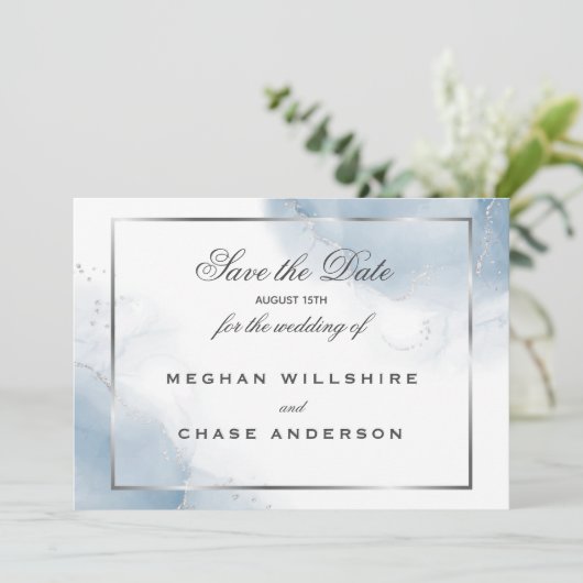 Dusty Blue Script Silver Save the Date Kaart (Staand voorkant)