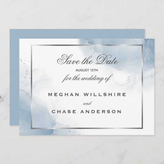 Dusty Blue Script Silver Save the Date Kaart (Voorkant / Achterkant)