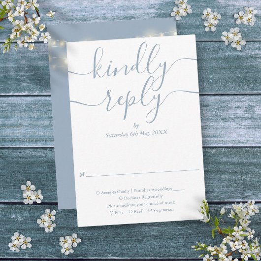 Dusty Blue Script String Lights Bruiloft RSVP Kaartje
