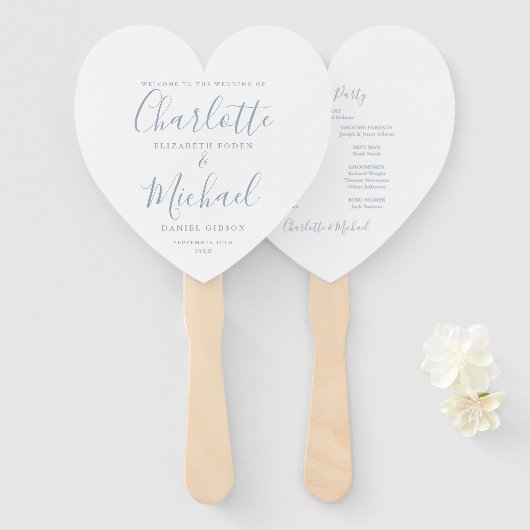 Dusty Blue Script Trouwceremonie Hart Handwaaier (Voorkant en achterkant)