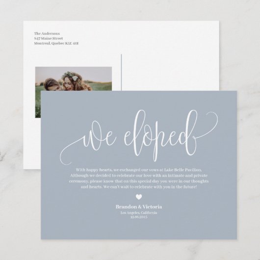 Dusty Blue  Script Wedding Elopement Aankondigingskaart (Voorkant / Achterkant)