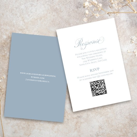 Dusty Blue Script Wedding RSVP QR Code Enclosure Informatiekaartje