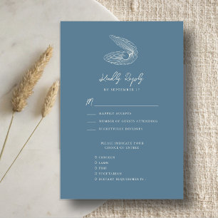 Dusty Blue Seashell Beach Bestemming Bruiloft RSVP Kaartje