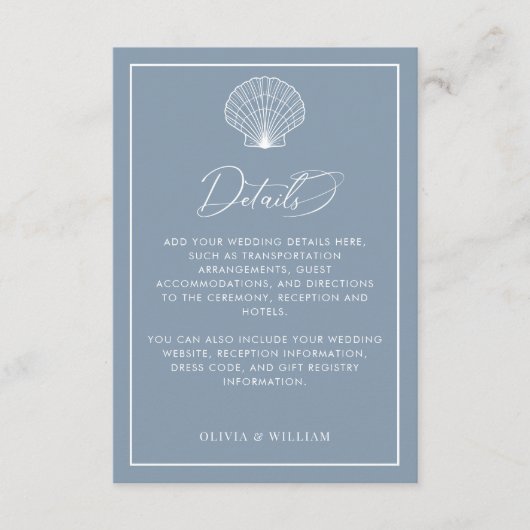 Dusty Blue Seashell Beach bruiloft details Informatiekaartje (Voorkant)