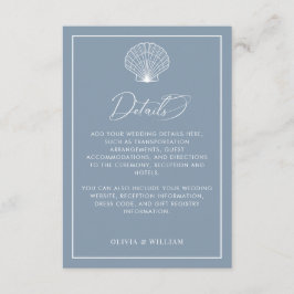 Dusty Blue Seashell Beach bruiloft details Informatiekaartje