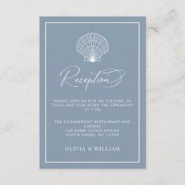 Dusty Blue Seashell Beach bruiloft receptie Informatiekaartje