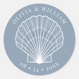 Dusty Blue Seashell Beach Kustbruiloft Ronde Sticker