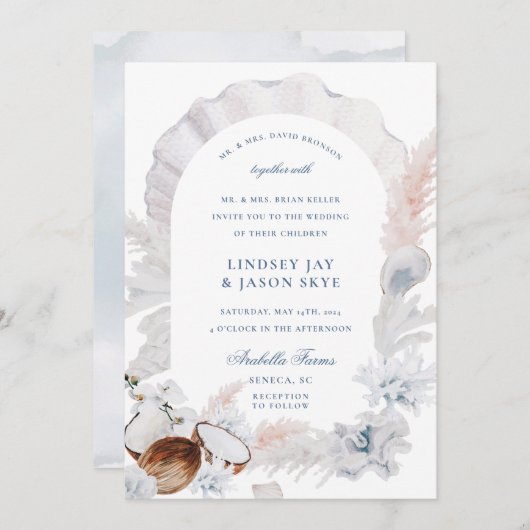 Dusty Blue Seashell Pampas Beach Arch Wedding Kaart (Voorkant / Achterkant)