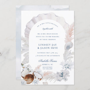 Dusty Blue Seashell Pampas Beach Arch Wedding Kaart