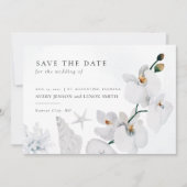 Dusty Blue Seashell White Orchid Beach met foto Save The Date (Voorkant)