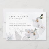 Dusty Blue Seashell White Orchid Beach Save The Date (Voorkant)