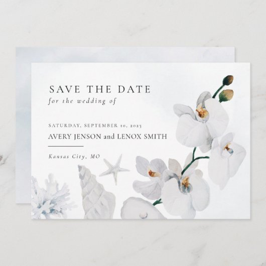 Dusty Blue Seashell White Orchid Beach Save The Date (Voorkant / Achterkant)