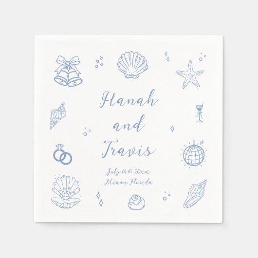 Dusty Blue Seashells Beach Coastal Wedding Servet (Voorkant)