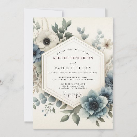 Dusty Blue Serene Bloom Wedding Kaart (Voorkant)