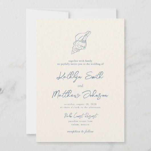 Dusty Blue Shell Beach Ocean Bestemming Bruiloft Kaart (Voorkant)