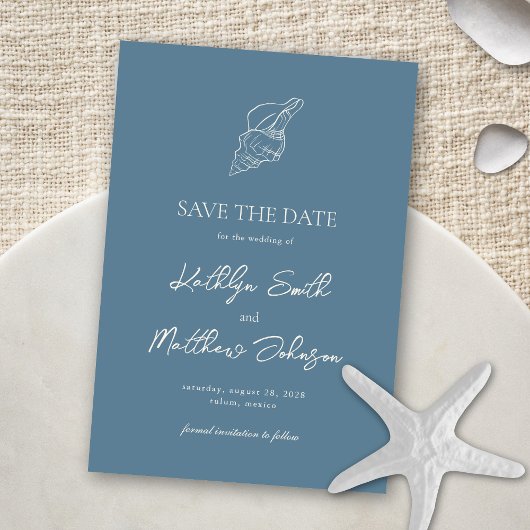 Dusty Blue Shell Beach Ocean Bestemming Bruiloft Save The Date
