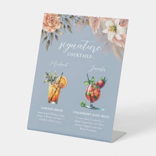 Dusty Blue Signature Cocktails Bar Sign Reclamebord Met Voetstuk (Voorkant)