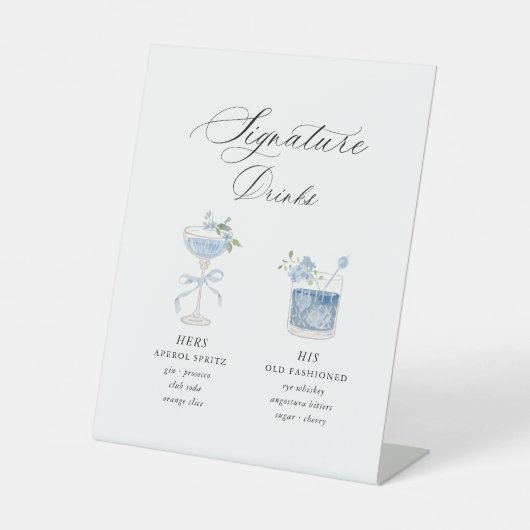 Dusty Blue Signature Drinks Wedding Reclamebord Met Voetstuk (Voorkant)