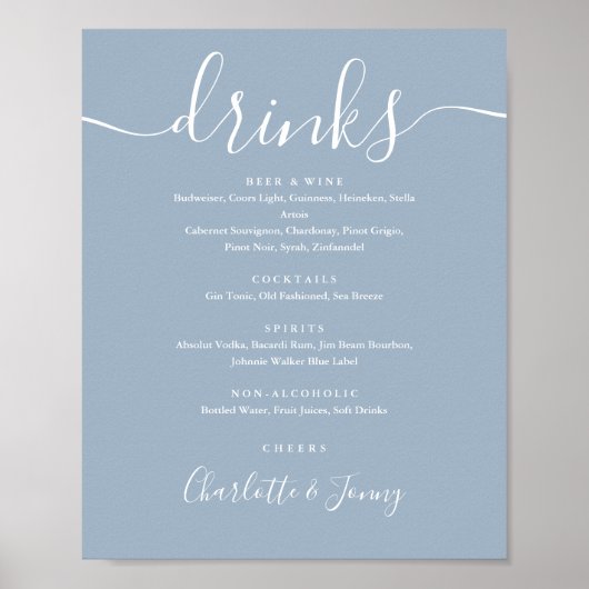Dusty Blue Signature Script Drankkaart Menu Bord Poster (Voorkant)