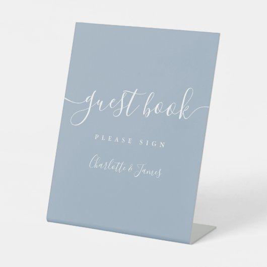 Dusty Blue Signature Script Guest Book Reclamebord Met Voetstuk (Voorkant)