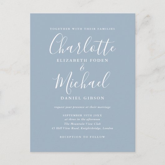 Dusty Blue Signature Script Photo Weddenschap Uitnodiging Briefkaart (Voorkant)