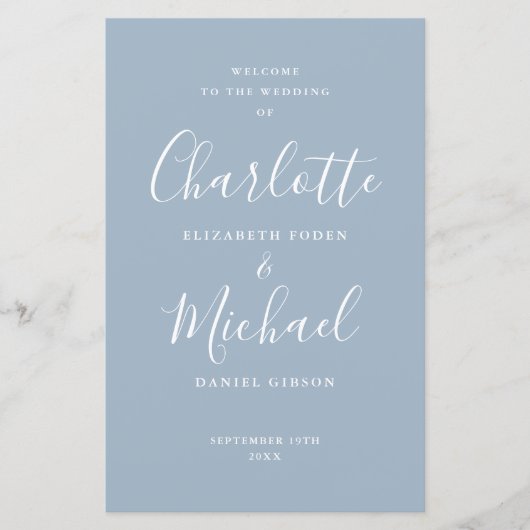 Dusty Blue Signature Script Wedding Programme (Voorkant)