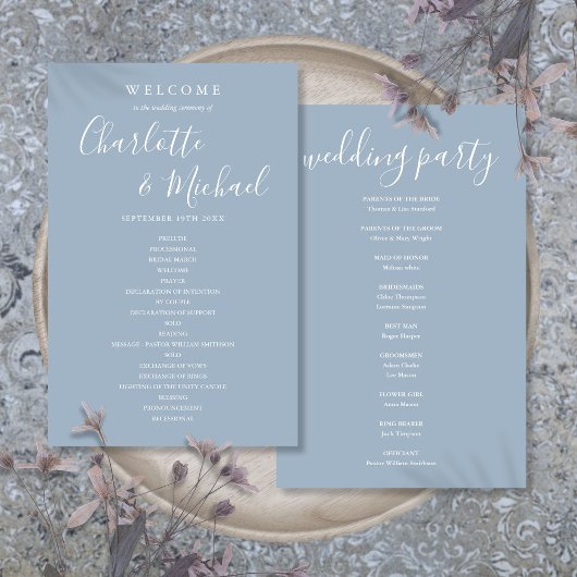 Dusty Blue Signature Script Wedding Programme