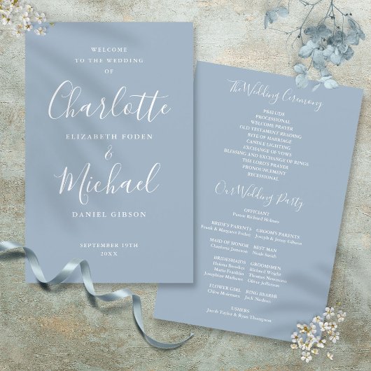 Dusty Blue Signature Script Wedding Programme