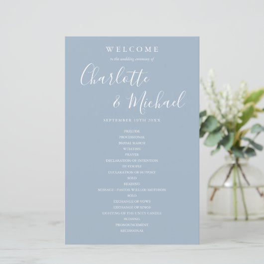 Dusty Blue Signature Script Wedding Programme (Staand voorkant)