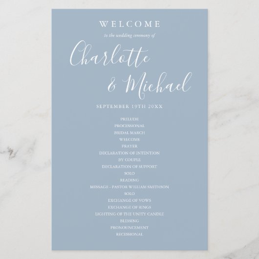 Dusty Blue Signature Script Wedding Programme (Voorkant)