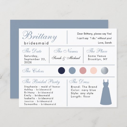 Dusty Blue Silver Bridesmaid Information Kaart (Voorkant / Achterkant)