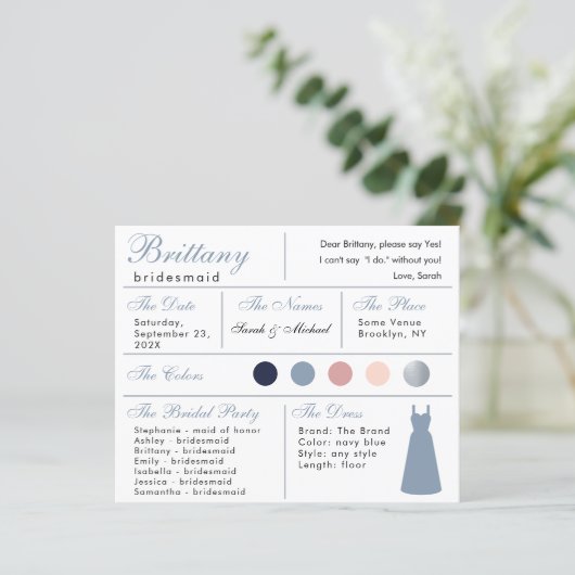 Dusty Blue Silver Bridesmaid Information Kaart (Staand voorkant)