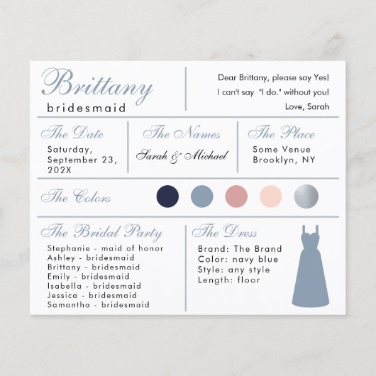 Dusty Blue Silver Bridesmaid Information Kaart (Voorkant)