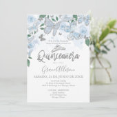 Dusty Blue Silver Butterfly Quinceanera Kaart (Staand voorkant)