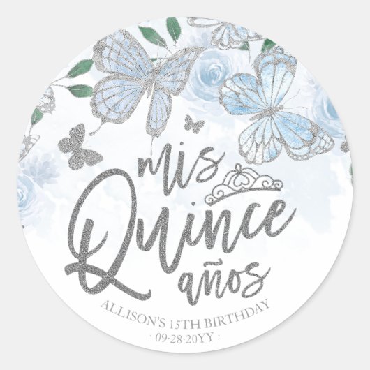Dusty Blue Silver Butterfly Quinceanera Ronde Sticker (Voorkant)