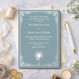Dusty Blue Silver Chalice Communion Elegance Folie Uitnodiging