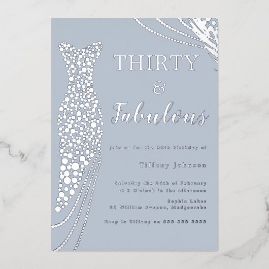 Dusty Blue & Silver Classic Elegant 30e verjaardag Folie Uitnodiging (Voorkant)