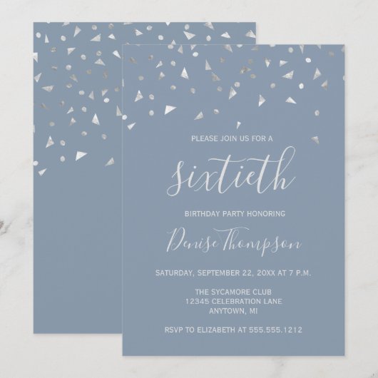 Dusty Blue Silver Confetti 60th Birthday Party Kaart (Voorkant / Achterkant)