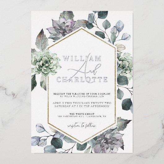 Dusty Blue & Silver Desert Greenery Wedding Folie Uitnodiging (Voorkant)