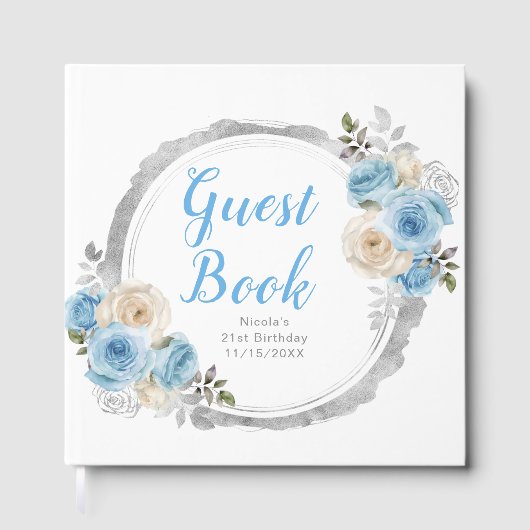 Dusty Blue Silver Elegant Flowers Birthday Party Gastenboek (Voorkant)