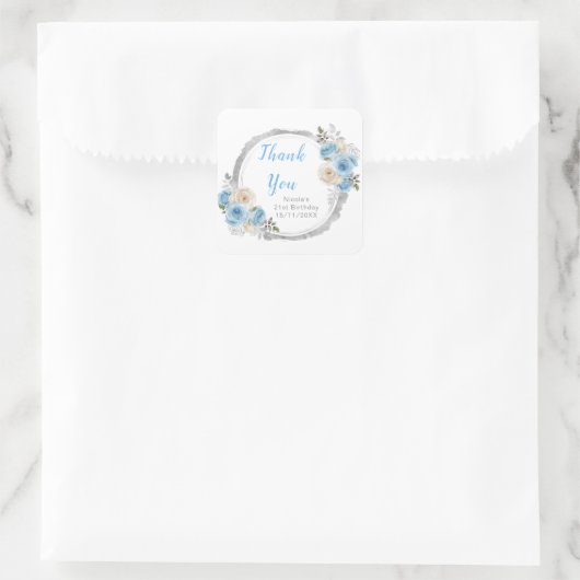 Dusty Blue Silver Elegant Flowers Birthday Party Vierkante Sticker (Tas)