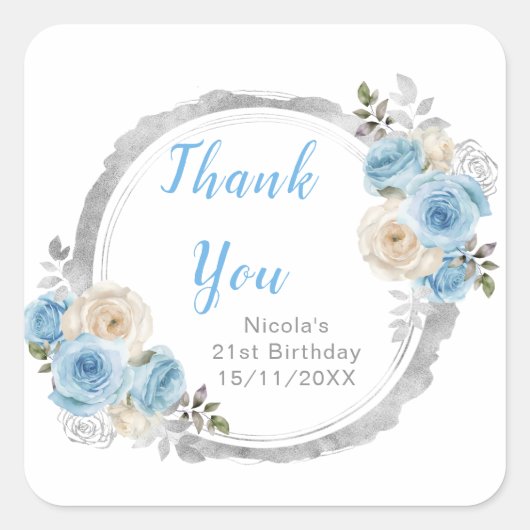 Dusty Blue Silver Elegant Flowers Birthday Party Vierkante Sticker (Voorkant)