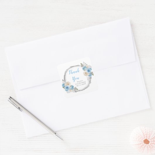 Dusty Blue Silver Elegant Flowers Birthday Party Vierkante Sticker (Envelop)