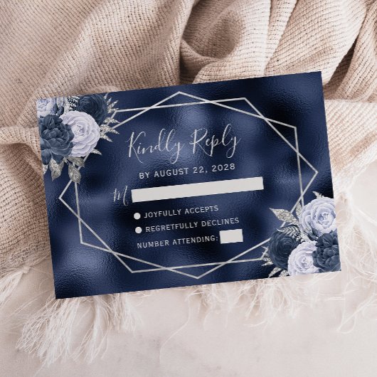 Dusty Blue Silver Floral Geometrische Navy Folie RSVP Kaartje
