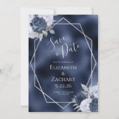 Dusty Blue Silver Floral Navy Folie Save the Date (Voorkant)