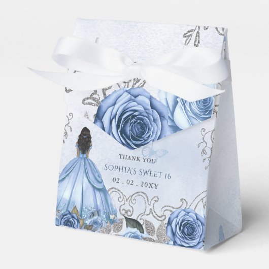 Dusty Blue Silver Floral Princess SWEET 16 Bedankdoosjes (Voorkant Zijde)