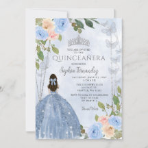 Dusty Blue Silver Floral Prinses Quinceañera