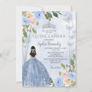 Dusty Blue Silver Floral Prinses Quinceañera Kaart
