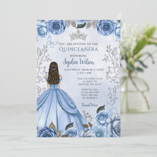 Dusty Blue Silver Floral Prinses Quinceañera Kaart (Staand voorkant)