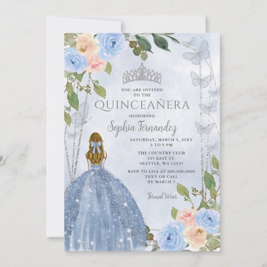 Dusty Blue Silver Floral Prinses Quinceañera Kaart (Voorkant)